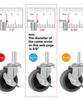 Three sizes of 3 inch locking swivel stem caster wheels, 3/8-16 x 1 threaded stem, rubber no noise, comparison with ruler
