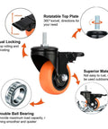 Three Inch Stem Caster Wheels Four Pack M10 1.5x25mm Threaded Stem Heavy Duty Swivel Casters With Safety Dual Locking Brakes Noiseless