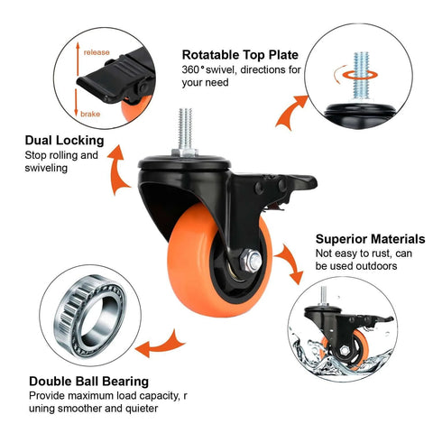 Three Inch Stem Caster Wheels Four Pack M10 1.5x25mm Threaded Stem Heavy Duty Swivel Casters With Safety Dual Locking Brakes Noiseless