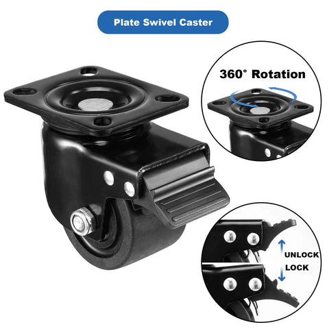 3 Inch Plate Swivel Caster Wheels Heavy Duty Set of 4 with low gravity center design black nylon wheels and brakes