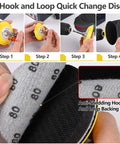Steps to use a 3 Inch Polishing Kit With Hook And Loop Sanding Discs 12 Grits 80 To 10000, showing disc attachment process.