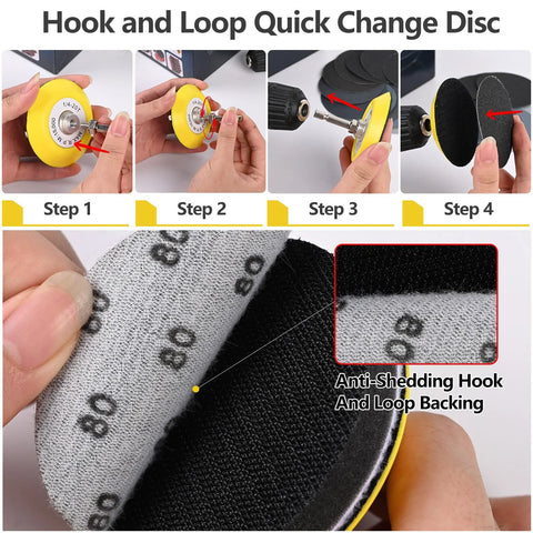 Steps to use a 3 Inch Polishing Kit With Hook And Loop Sanding Discs 12 Grits 80 To 10000, showing disc attachment process.