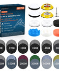 3 Inch Polishing Kit With Hook And Loop Sanding Discs 12 Grits 80 To 10000 displayed with foam and washable pads