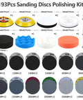 193-piece 3 Inch Polishing Kit with Hook And Loop Sanding Discs 12 Grits 80 To 10000 displayed with accessories and grit sizes.