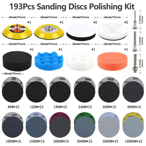193-piece 3 Inch Polishing Kit with Hook And Loop Sanding Discs 12 Grits 80 To 10000 displayed with accessories and grit sizes.