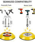Compatibility chart for 3 Inch Polishing Kit with Hook and Loop Sanding Discs 12 Grits 80 to 10000 showing pneumatic and electric tool adapters