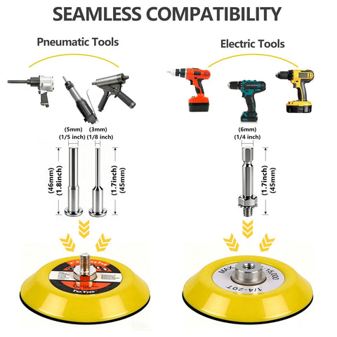Compatibility chart for 3 Inch Polishing Kit with Hook and Loop Sanding Discs 12 Grits 80 to 10000 showing pneumatic and electric tool adapters