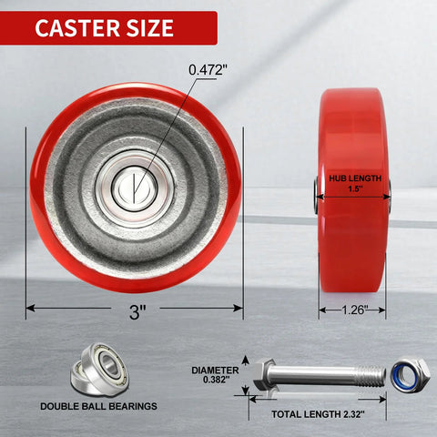 3 Inch Heavy Duty Caster Wheels Set Of 4 With Polyurethane On Cast Iron Wheels 1400 Lb Capacity Industrial Casters For Cart Furniture And Workbench Smooth Rolling And Shock Absorption For Heavy Loads with dimensions and components illustration