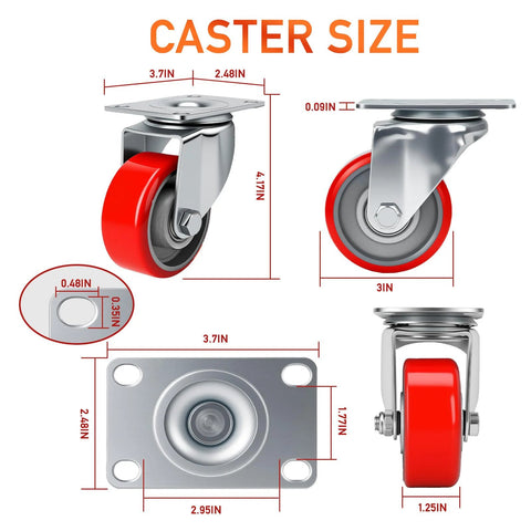 Heavy Duty 3 Inch Caster Wheels Set Of 4 With Polyurethane Steel Wheels Noiseless Swivel Casters detailed size chart
