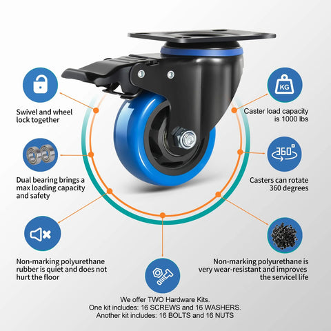 3 Inch Caster Wheels Set Of 4 Heavy Duty With Brake And Dual Locking Casters, Quiet Polyurethane Foam Wheels shown with features