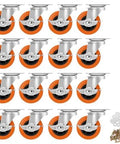 3 Inch Heavy Duty Caster Wheels Set of 16 with Brake, Swivel Top Plate, orange polyurethane wheels for furniture, carts, workbenches
