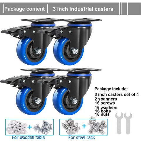 3 Inch Caster Wheels Set Of 4 Heavy Duty With Brake And Dual Locking Casters, Quiet Polyurethane Foam Wheels, Hardware Included
