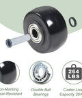 Set Of 4 PU Caster Wheels, 3 Inch Wide, 75mm Diameter, 1-1/4 Inch Wheel Width, 3/8 Inch Axle, showing non-marking, wear-resistant design
