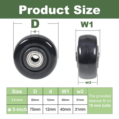 Diagram showing size dimensions for 3-inch PU caster wheels, 75mm diameter, 31.75mm wide for Set Of 4 PU Caster Wheels.