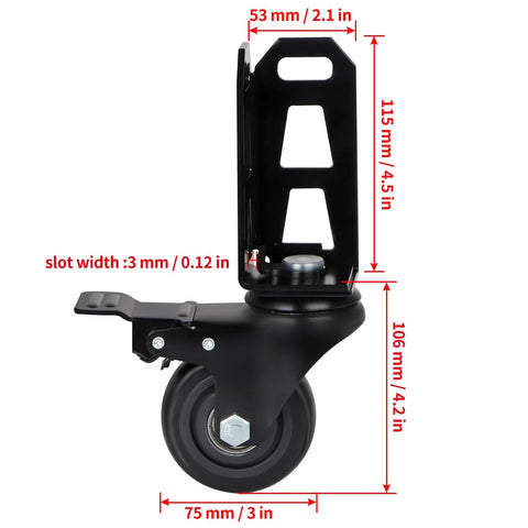 Side view of Three Inch Storage Rack Caster Wheels For Boltless Self Locking Shelving Racks, PVC wheel on steel bracket