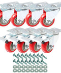 8 Pack 3 Inch Combo Caster Set With 4 Swivel Casters With Brakes and 4 Plate Heavy Duty Casters on Red PU Wheels with screws