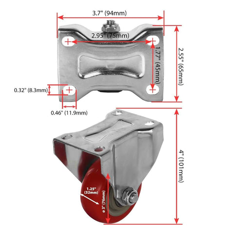 8 Pack 3 Inch Rigid Non Swivel Caster With Red Polyurethane Wheels And Top Plate For Straight Line Movement Fixed Caster For Cart Or Studio Equipment 4 Inch Overall Height Plate Size 2.55 By 3.7 Inches