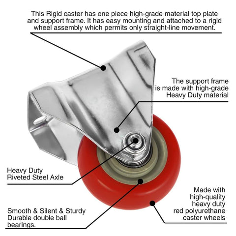 8 Pack 3 Inch Rigid Non Swivel Caster With Red Polyurethane Wheels And Top Plate For Straight Line Movement Fixed Caster For Cart Or Studio Equipment 4 Inch Overall Height Plate Size 2.55 By 3.7 Inches