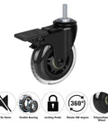 3 Inch Heavy Duty Rubber Caster Wheels With Brakes For Carts, Dollies And Furniture, Quiet Smooth Rolling Swivel Castors, side view