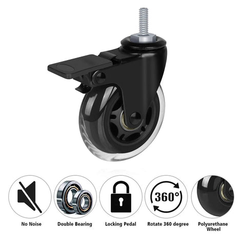 3 Inch Heavy Duty Rubber Caster Wheels With Brakes For Carts, Dollies And Furniture, Quiet Smooth Rolling Swivel Castors, side view