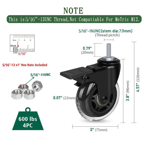 3 Inch Heavy Duty Rubber Caster Wheels With Brakes For Carts, Dollies And Furniture, showing dimensions and 5/16-18 threaded stem.