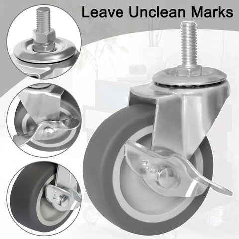 Close-up of Set Of Four 3 Inch Caster Wheels With Locking Brakes, Rubber Heavy Duty Casters, showing metal stem and brake
