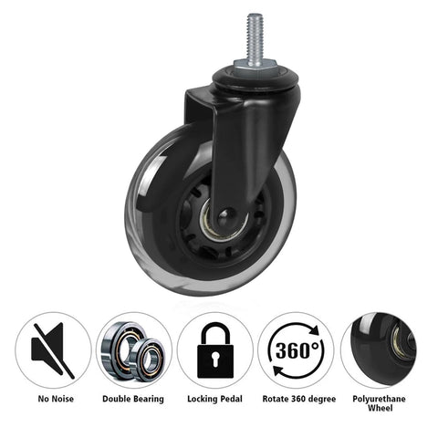 Close-up of Three Inch Rubber Caster Wheels Heavy Duty With 5/16-18 X 1 Threaded Stem Set Of Four for furniture, featuring double bearing and 360-degree rotation.