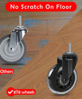 Comparison of metal and rubber caster wheels on hardwood floor, showing Three Inch Rubber Caster Wheels Heavy Duty with 5/16-18 X 1 Threaded Stem Set of Four Quiet and Smooth Rolling Castors for Furniture and Hardwood Floors Ideal for Home Shop Carts Cabinets and Shelving avoiding scratches.