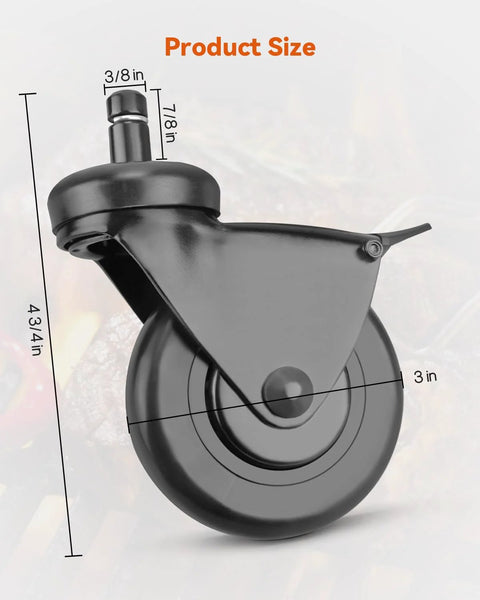 Side view of 3-Inch Rubber Heavy-Duty Grill Wheel With Brake, 2-Piece Caster Wheel Replacement For Pellet Grills, labeled dimensions