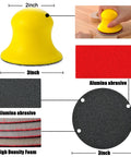 Diagram of 3-inch sanding sponge set showing dimensions, materials like alumina abrasive, and application for edges and curves.