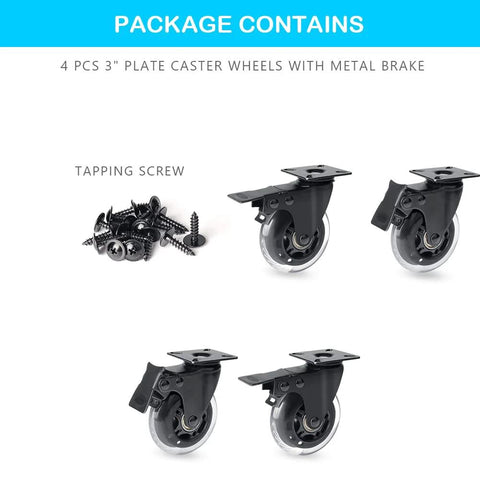 3 Inch Plate Caster Set Of 4 With Brake Dual Locking Heavy Duty Top Plate Industrial Swivel Casters Load Capacity 600 Lbs