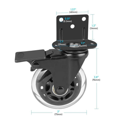 Side Mount Casters Set Of 4 With Brake, 3 Inch L Shaped Plate Casters For Furniture, showing black polyurethane wheel and mounting plate