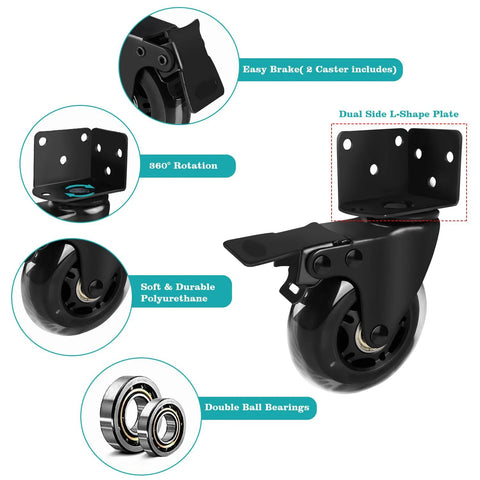 Three Inch Side Mount Industrial Casters with L Shaped Bracket Heavy Duty Castor Wheels Replacement Silent Polyurethane