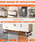 3 Inch Side Mount Casters Set Of 4 shown on furniture and carts, suitable for various flooring surfaces like cement, tile, wood, carpet.