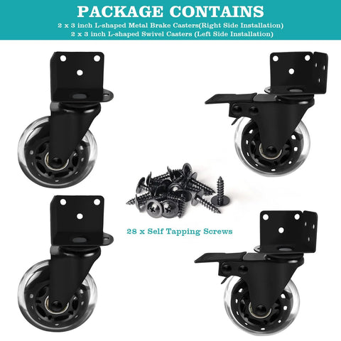 Package of four Three Inch Side Mount Industrial Casters With L Shaped Bracket Heavy Duty Castor Wheels and screws for furniture DIY.
