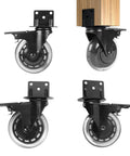 3 Inch L Shaped Plate Casters, 4 Pack Side Mount Lockable Furniture Caster Wheels With Non Marking Polyurethane, Quiet Rolling and Shock Absorption, Rustproof Stainless Steel Core For Tables And Cabinets on a wooden furniture piece.