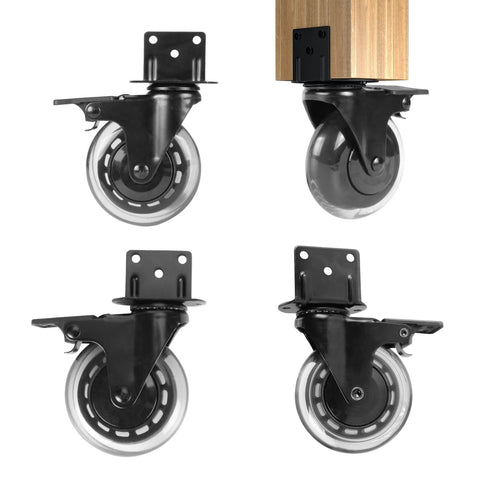 3 Inch L Shaped Plate Casters, 4 Pack Side Mount Lockable Furniture Caster Wheels With Non Marking Polyurethane, Quiet Rolling and Shock Absorption, Rustproof Stainless Steel Core For Tables And Cabinets on a wooden furniture piece.