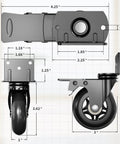 Diagram of 3 inch side mount plate caster wheels L shaped heavy duty set of 4 with brake, dimensions labeled, 360 degree swivel locking castors