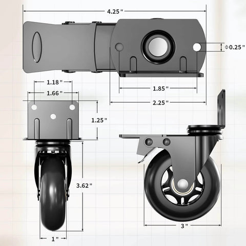 Diagram of 3 inch side mount plate caster wheels L shaped heavy duty set of 4 with brake, dimensions labeled, 360 degree swivel locking castors