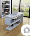 Modern room with desk, open bookcase, and inset image of 4 Pack 3 Inch Square Lazy Susan Hardware, Metal Turntable Bearings for cabinets.