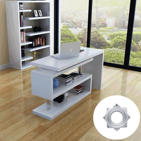 Modern room with desk, open bookcase, and inset image of 4 Pack 3 Inch Square Lazy Susan Hardware, Metal Turntable Bearings for cabinets.