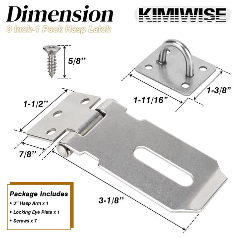 Dimensions diagram of 3 Inch Stainless Steel Hasp Latch with brushed finish, showing parts and measurements in a 1 pack.