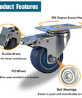 3 inch stainless steel caster wheels with total lock brake made from SUS 304, washable maintenance free casters designed for sanitary use in a 2 pack close-up with features highlighted.