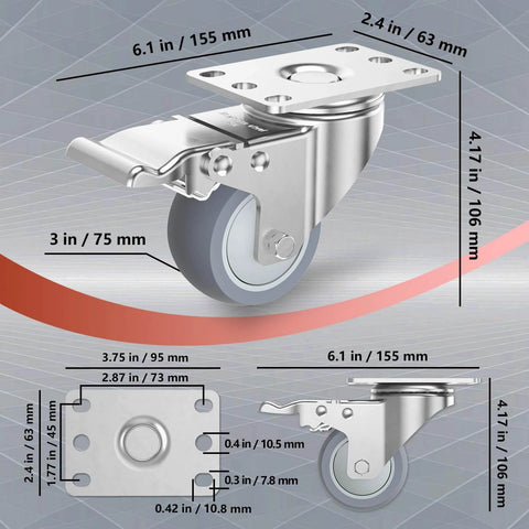 3 inch stainless steel caster wheels with brakes, heavy duty 304 swivel caster, dimensions with quiet TPR wheel.