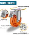 3 inch stainless steel caster wheels with total lock brake showing injected PU wheel, double brake, and ball bearings.