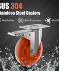 3 inch stainless steel caster wheels with total lock brake, SUS 304 washable heavy duty waterproof casters in a 2 pack close-up view.