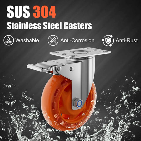 3 inch stainless steel caster wheels with total lock brake, SUS 304 washable heavy duty waterproof casters in a 2 pack close-up view.