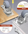 3 inch stainless steel caster wheels with brakes, heavy duty 304 swivel casters featuring quiet TPR wheels in a 4 pack, installed on wood.