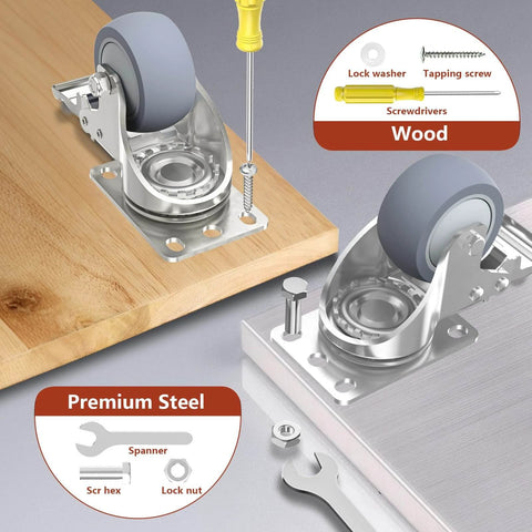3 inch stainless steel caster wheels with brakes, heavy duty 304 swivel casters featuring quiet TPR wheels in a 4 pack, installed on wood.
