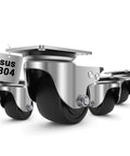3 inch stainless steel heavy duty caster wheels set of 4 with swivel plate design, close-up view of casters with brake rated 4400 lbs.